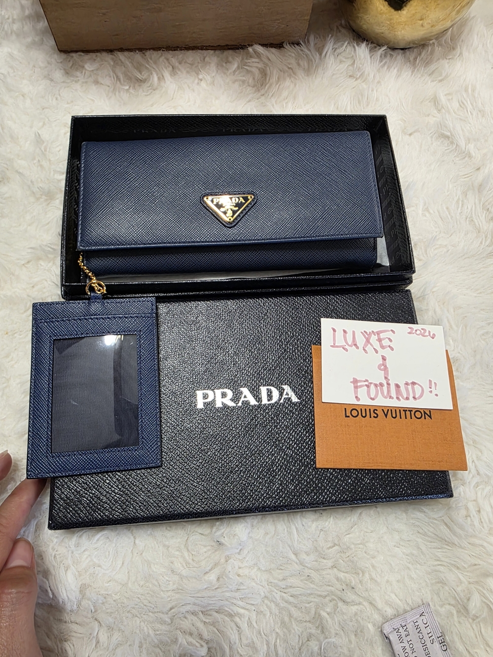 Prada Navy Saffiano Leather Continental Wallet with Gold Logo & ID Holder
